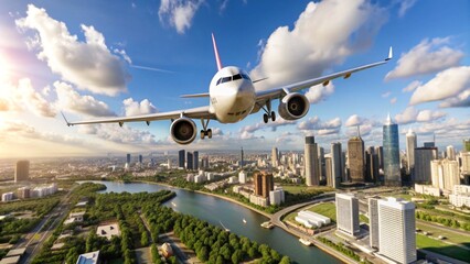low angle view of plane fly over modern office buildings. A wonderful view of the big city.