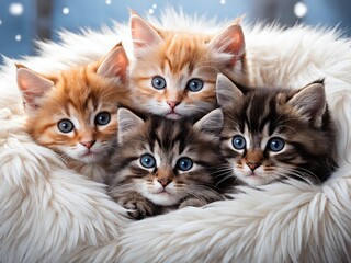 Four adorable kittens snuggled together in a fluffy blanket while snowflakes gently fall in a cozy indoor setting