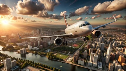 The plane flies over the city. Wonderful cityscape, business district and skyscrapers