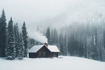 Rustic log house in winter mountains landscape. Wooden cabin, alpine chalet or cozy cottage. Winter holiday concept. Christmas, New Year celebration. Travel and tourism. Mountain retreat, ski resort