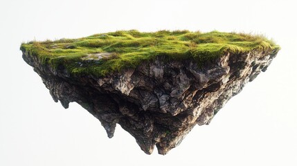 Floating Triangular Island with Flat Top Covered in Lush Green Grass, Rocky and Rugged Sides in Earthy Browns and Vibrant Greens on White Background