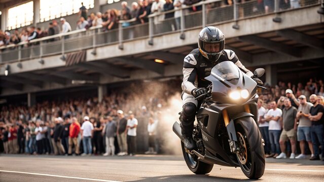 Motorcycle racing. The athlete is driving fast, spectators are watching in the background. Endurance competitions.