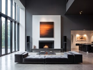 Modern living room with a cozy fireplace and large windows showcasing an elegant design during the day