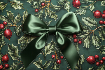 Festive holly and berry pattern background accented with a green satin bow.