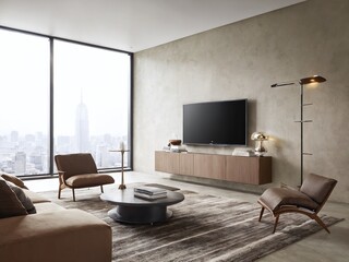 Modern living room with city skyline view featuring minimalist furniture and a contemporary television setup in daylight