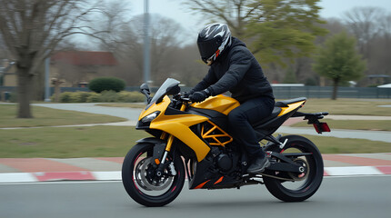Motorcyclist in black jacket and helmet riding a bright sport bike on the street	
