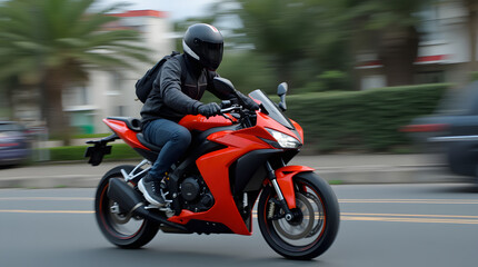 Motorcyclist in black jacket and helmet riding a bright sport bike on the street	