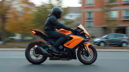Fototapeta premium Motorcyclist in black jacket and helmet riding a bright sport bike on the street 