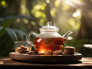 Cozy afternoon tea in a serene garden setting with fresh cookies and warm tea