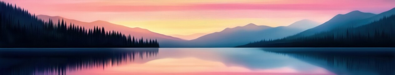 Fototapeta premium Tranquil abstract landscape with mountains and reflective lake at dawn
