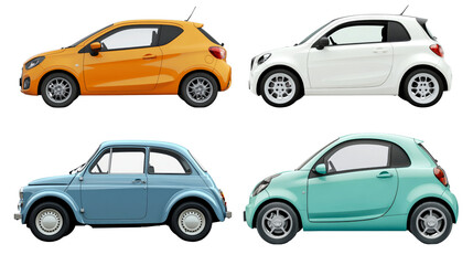 collection of four colorful cars showcasing different styles and designs, including orange compact car, white modern vehicle, blue vintage car, and teal small car.  ,PNG Transparency