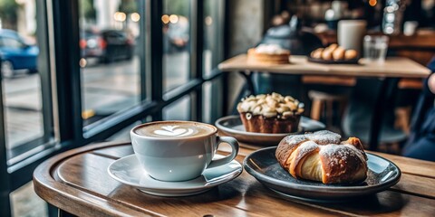 Top-down view of a table adorned with a cup, cake, sweet dessert