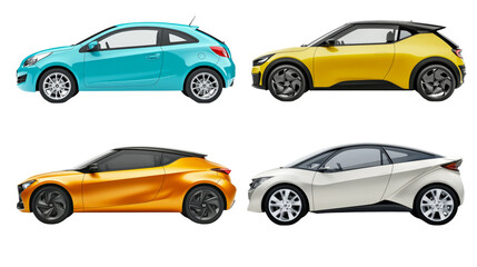 collection of four colorful cars in various styles and designs, showcasing vibrant colors like turquoise, yellow, orange, and white. Each car has unique shape and modern features.  ,PNG Transparency