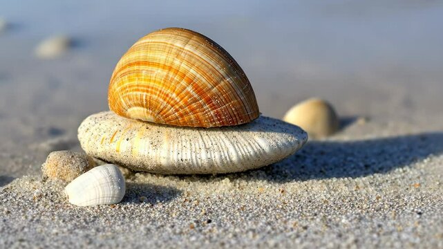 Seashells are arranged in a small pile on a sandy beach