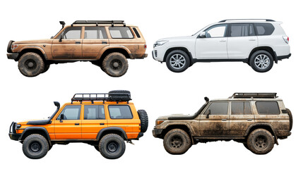 Naklejka premium Four off road vehicles in various colors and styles, showcasing rugged designs and dirt covered exteriors, perfect for adventure enthusiasts. ,PNG Transparency