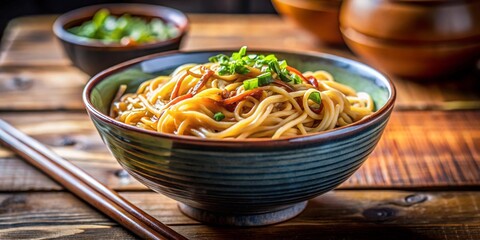 Stir fry noodles with shrimps. Asian cuisine dish. Top view