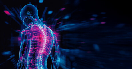 A futuristic scientific visual representation of the human spinal cord and back pain, with copy space. 