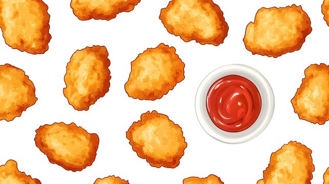 chicken nuggets with topmato dippping suace illustration isolated on a white background seamless pattern