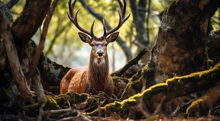Fototapeta premium close-up of a deer in the forest, deer in the woods, cute deer in the park, cute deer in the forest, close-up of a lonely deer in the woods
