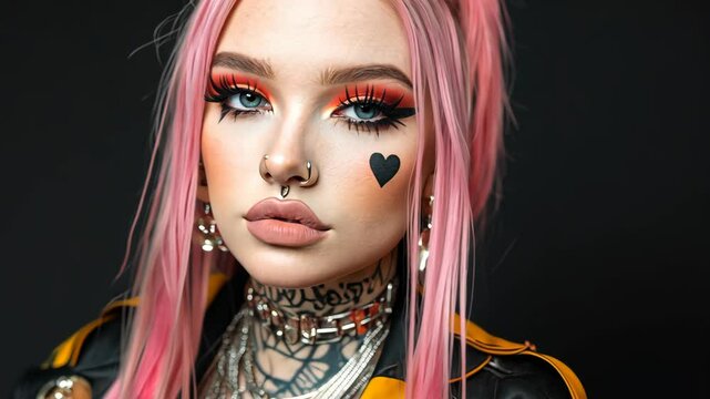 A woman with pink hair and a black heart drawn on her cheek looks intently at the camera