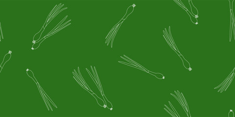 Fototapeta premium Seamless pattern with fresh green onion outlines, chives or scallion on green background, vector
