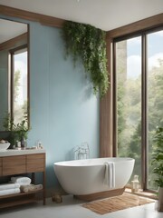 Fototapeta premium Bright and airy bathroom with floor-to-ceiling windows, light blue accents, and plenty of greenery for a fresh, spa-like feel.