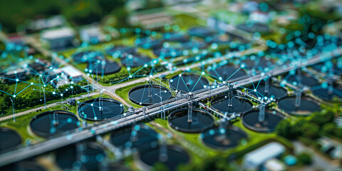 Digital Network Visualization of Smart City Infrastructure, Aerial View of Water Treatment Plant with Data Connections