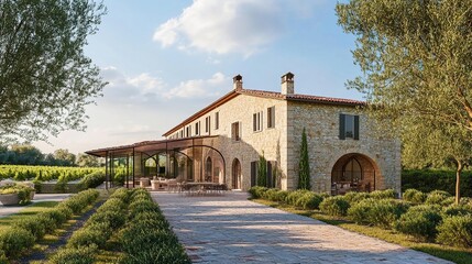 Naklejka premium Rustic stone villa with patio in vineyard landscape.