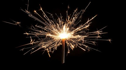 Lit Sparkler with Bright White-Hot Sparks Radiating Outward Against Black Background, Symmetrical Composition with Striking Contrast