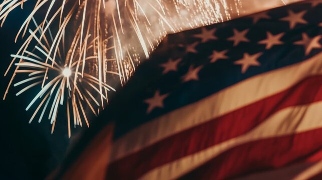 Fireworks bursting with American flag background, celebration night with flag and fireworks, patriotic festive display, holiday event scene