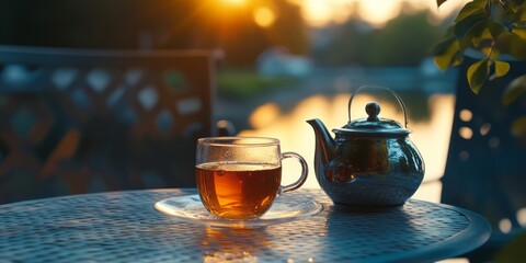 A Cup of Tea at Sunset with a Silver Teapot on a Table