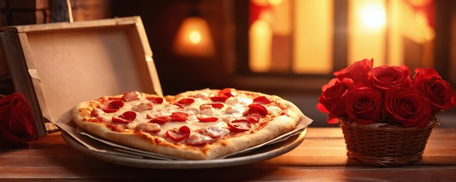 Heart-shaped pizza with pepperoni and roses on a romantic dinner table at sunset