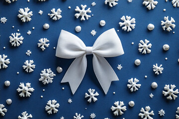 White snowflake pattern background on a deep blue backdrop with a white bow.