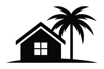 House with palm tree silhouette vector illustration.