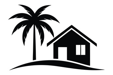 House with palm tree silhouette vector illustration.