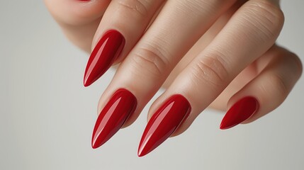 Close-up of long stiletto-shaped red polished nails, showcasing beauty, fashion, and luxury elegance