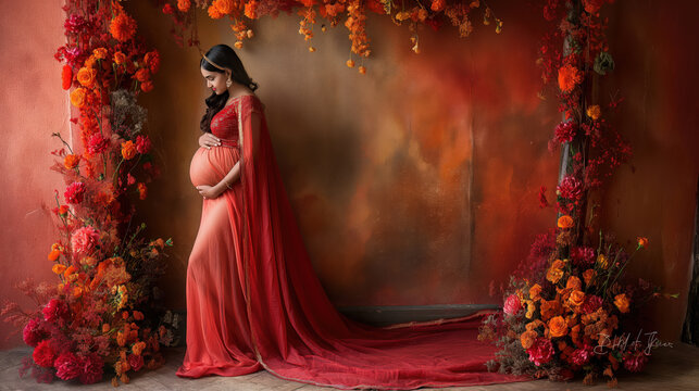 Indian pregnant woman in traditional dress stands against vibrant floral backdrop, maternity portrait