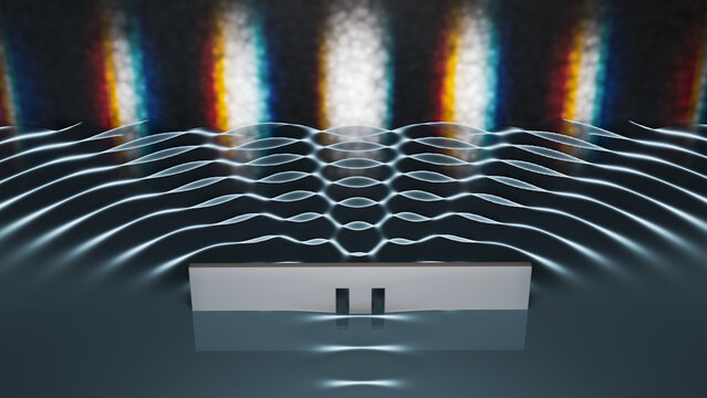 Double-slit experiment in physics. Quantum physics and particle-wave duality concept. 3D rendered illustration.