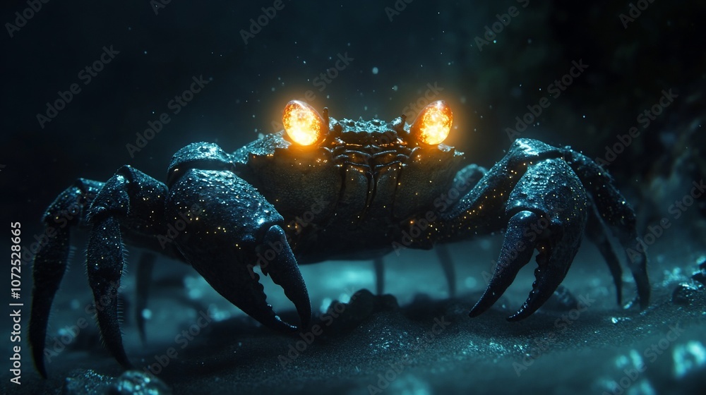 Poster a large, menacing crab with glowing eyes and sharp claws crawls towards the camera in a dark underwa
