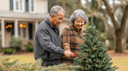 Retired couple joyfully decorates cozy front yard with twinkling fairy lights on small christmas tree, preparing for holiday season together