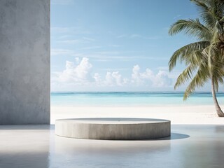 A serene beach view featuring a modern concrete platform under a clear blue sky with palm trees on a sunny day