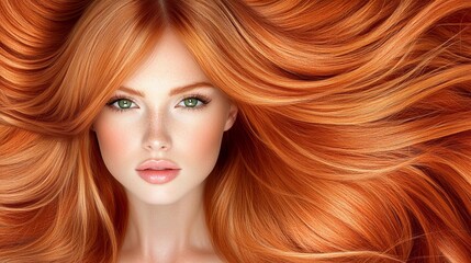 Fototapeta premium Beautiful woman with flowing ginger hair. Haircare, hair dye and cosmetics concept. Fashion portrait for poster, banner, packaging, design