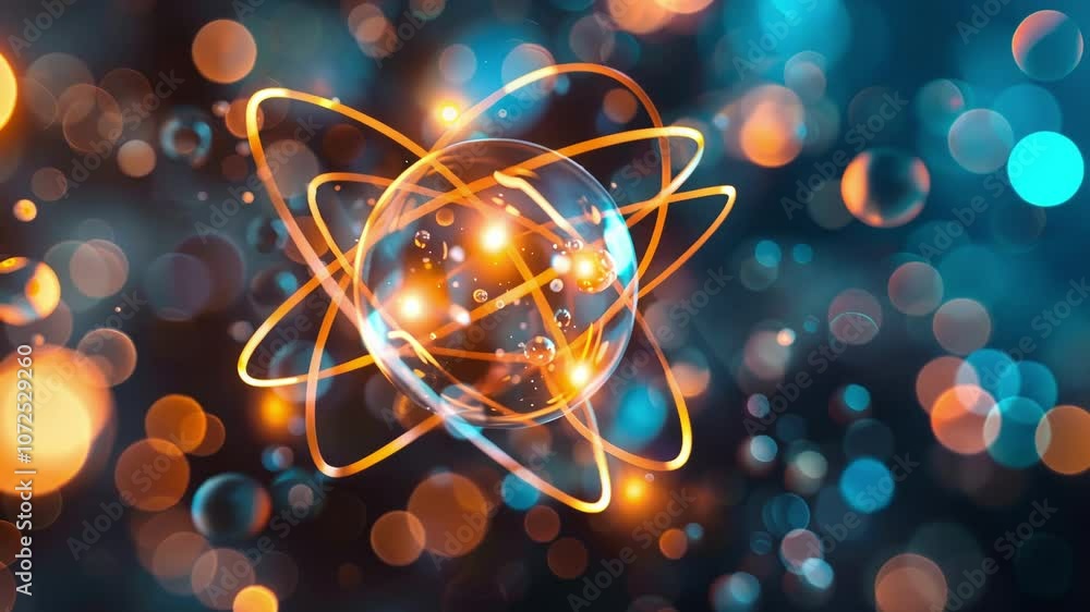 Poster a burst of light at the center of an atom symbolizing the nucleus and the release of energy during t