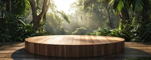 Fototapeta premium A serene wooden platform surrounded by lush greenery in a sunlit forest during early morning hours