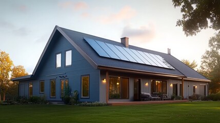 Modern house with solar panels, Sunset view, Green trees, Blue sky, Nature scene, Energy efficient home, Large window design, Eco-friendly