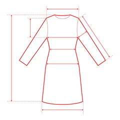 Long Sleeve A-Line Dress Technical Drawing with Measurement Points and Size Chart

