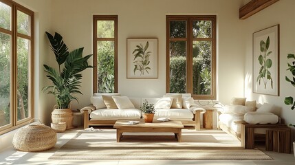 Bright cozy living room, natural decor, green plants, wooden furniture, large windows, sunlight filled space, comfortable seating