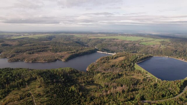 Aerial landscape panorama in the Harz mountains, Rappbode dam Bode river in Harz Mountains National Park, near Thale, Germany. Saxony-Anhalt , Germany