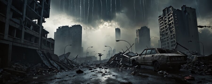 Desolate urban landscape showcasing a ruined cityscape with abandoned vehicles under a stormy sky