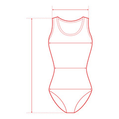 One-Piece Swimsuit Technical Drawing with Measurement Points and Size Chart

